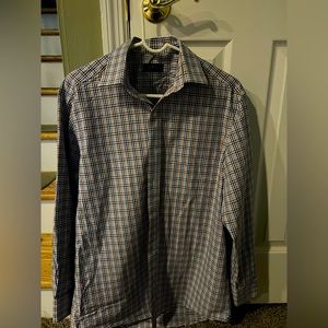 Club Room men’s dress shirt checkered blue, red and navy plaid 17 1/2 32/33